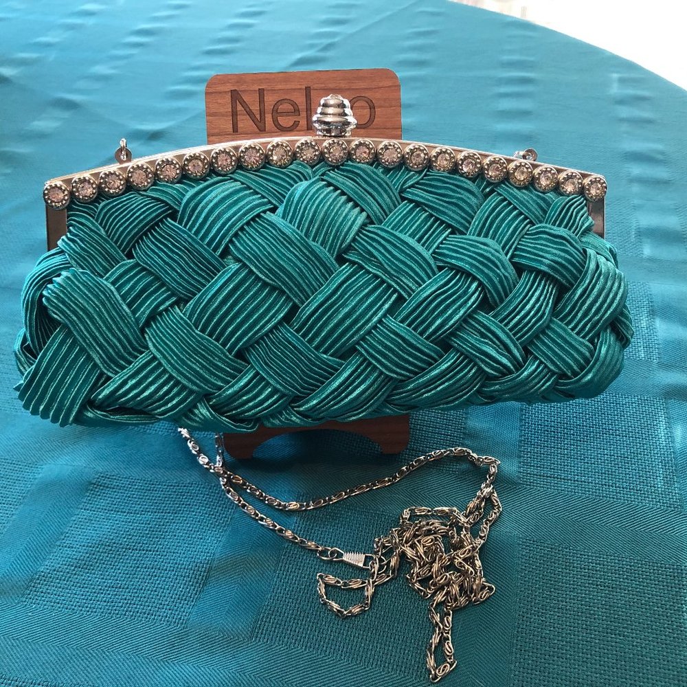 Satin turquoise evening bag w/rhinestones